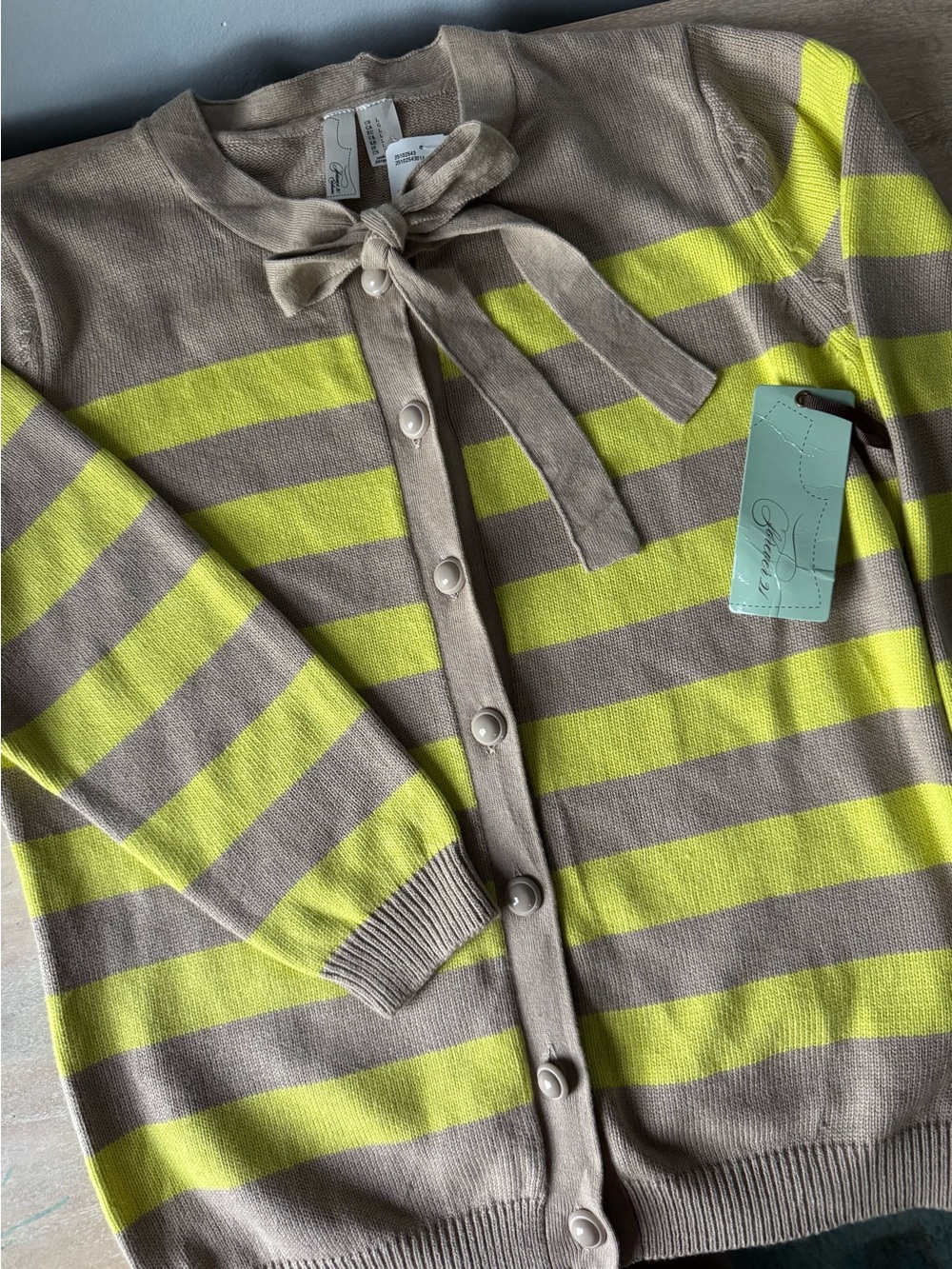Forever 21 Taupe and Neon Yellow Striped Bow Tie Cardigan - Picture 4 of 6